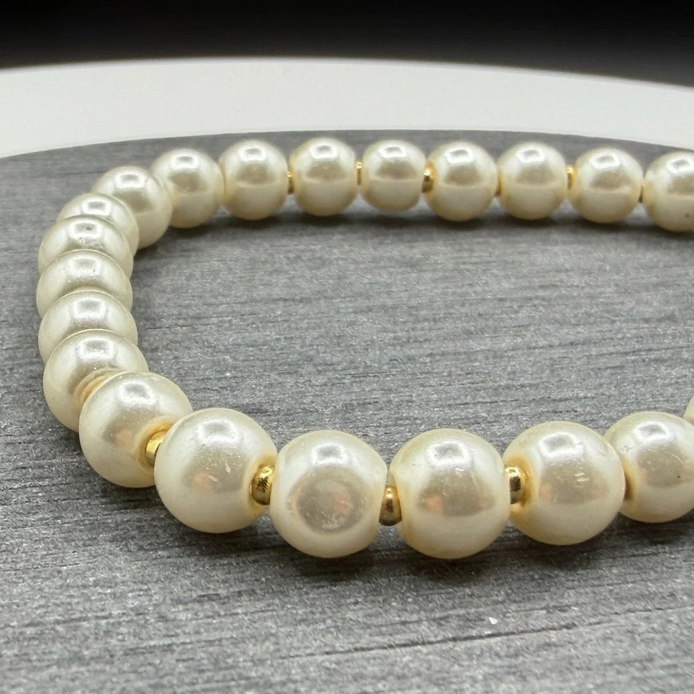 Faux Pearl Gold Tone Spacer Bead Stretch Bracelet Cream Classic Bridal Jewelry